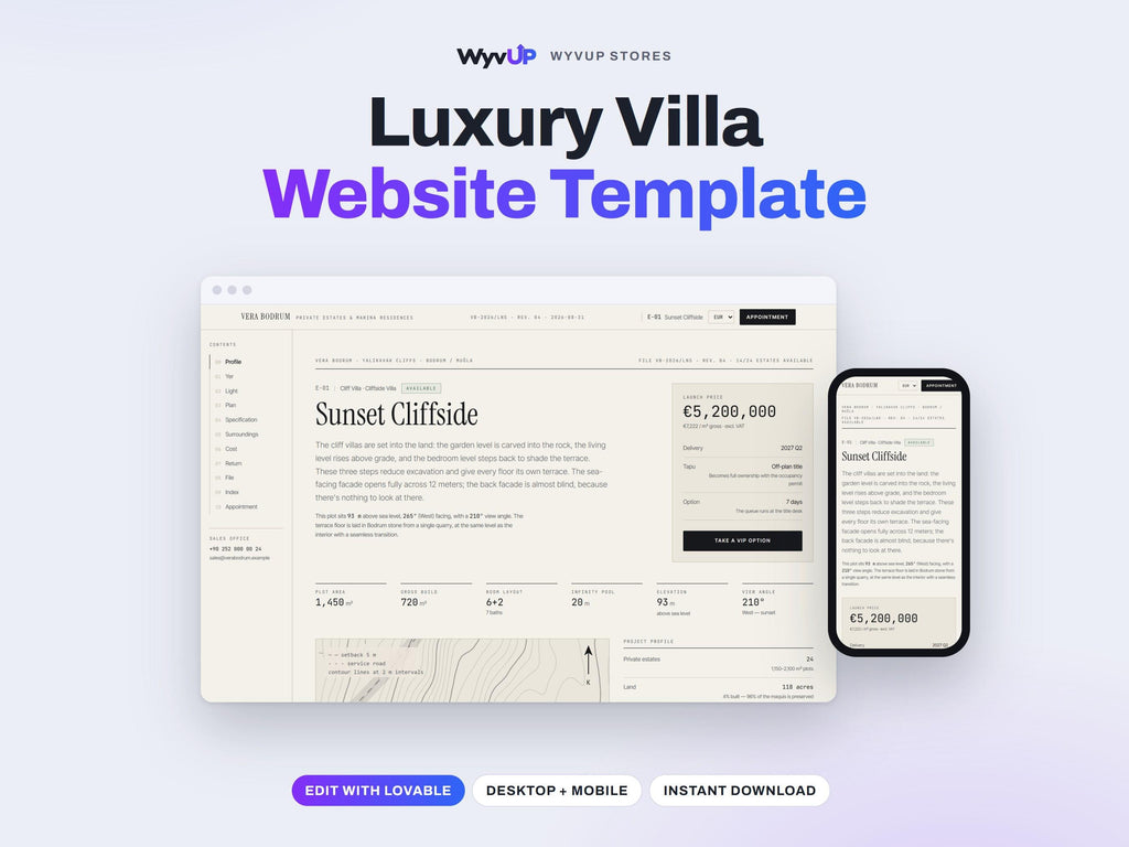 Luxury Villa Website Template | Real Estate Development & Marina Site | Lovable AI Editable React Template | Plot Plans