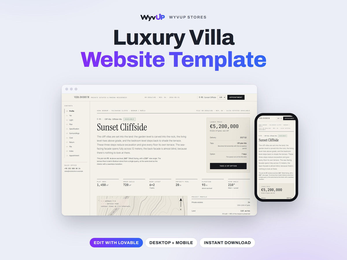 Luxury Villa Website Template | Real Estate Development & Marina Site | Lovable AI Editable React Template | Plot Plans