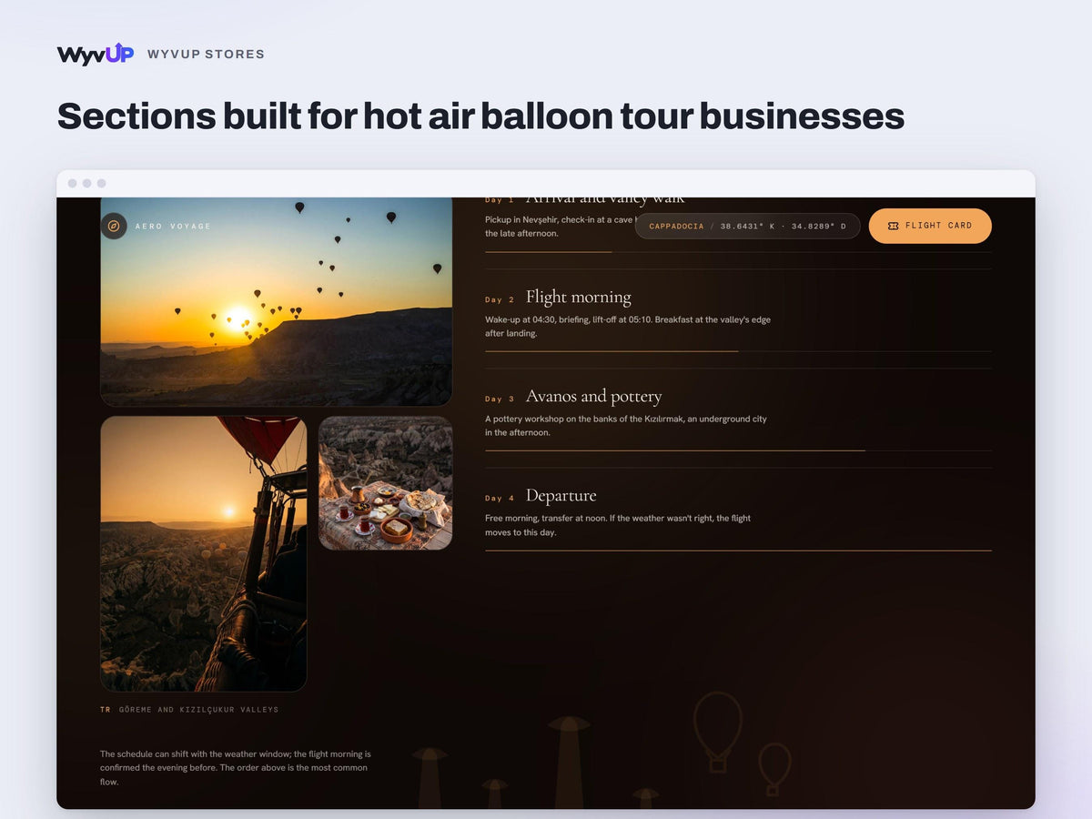 Hot Air Balloon Tour Website Template | Travel Experience & Tour Booking Site | Lovable AI Editable React Template | 3D Globe