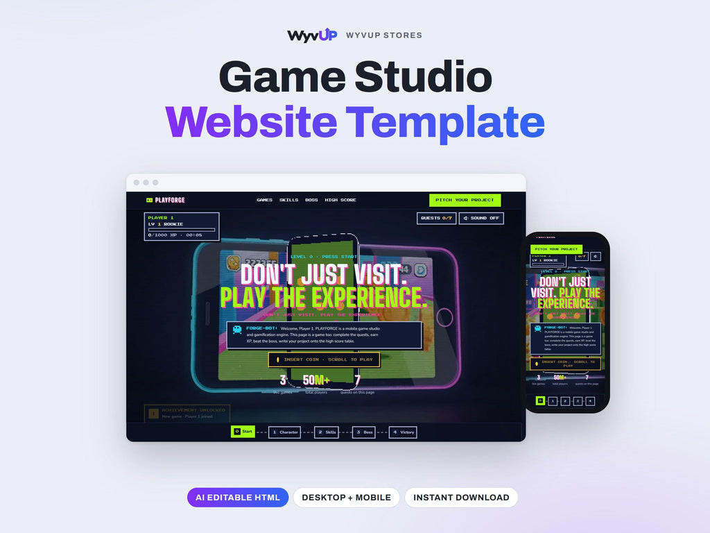 Game Studio Website Template | Indie Game Developer Site | AI Editable HTML Template | Gamified Pages