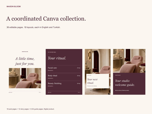 Beauty Salon Canva Templates, Spa Instagram Posts, Stories and Welcome Guide, English and Turkish