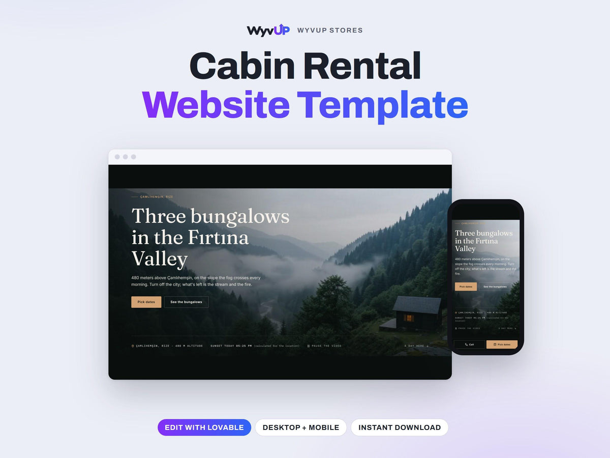 Cabin Rental Website Template | Glamping & Boutique Hotel Booking Site | Lovable AI Editable React Template | Live Prices
