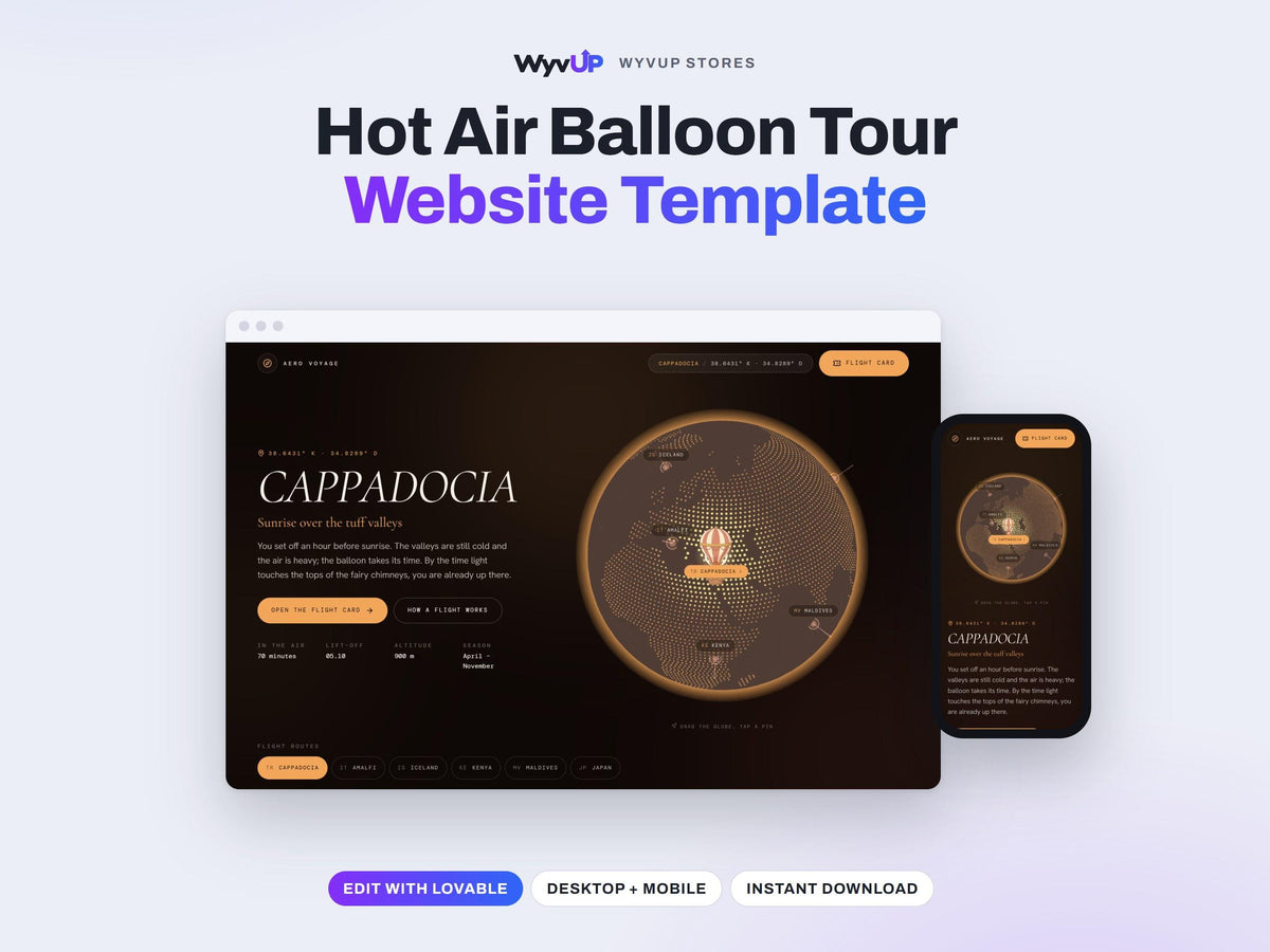 Hot Air Balloon Tour Website Template | Travel Experience & Tour Booking Site | Lovable AI Editable React Template | 3D Globe