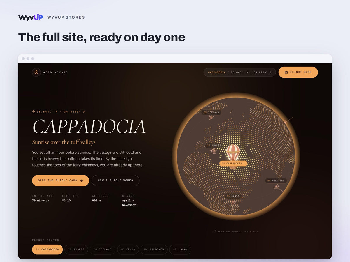 Hot Air Balloon Tour Website Template | Travel Experience & Tour Booking Site | Lovable AI Editable React Template | 3D Globe