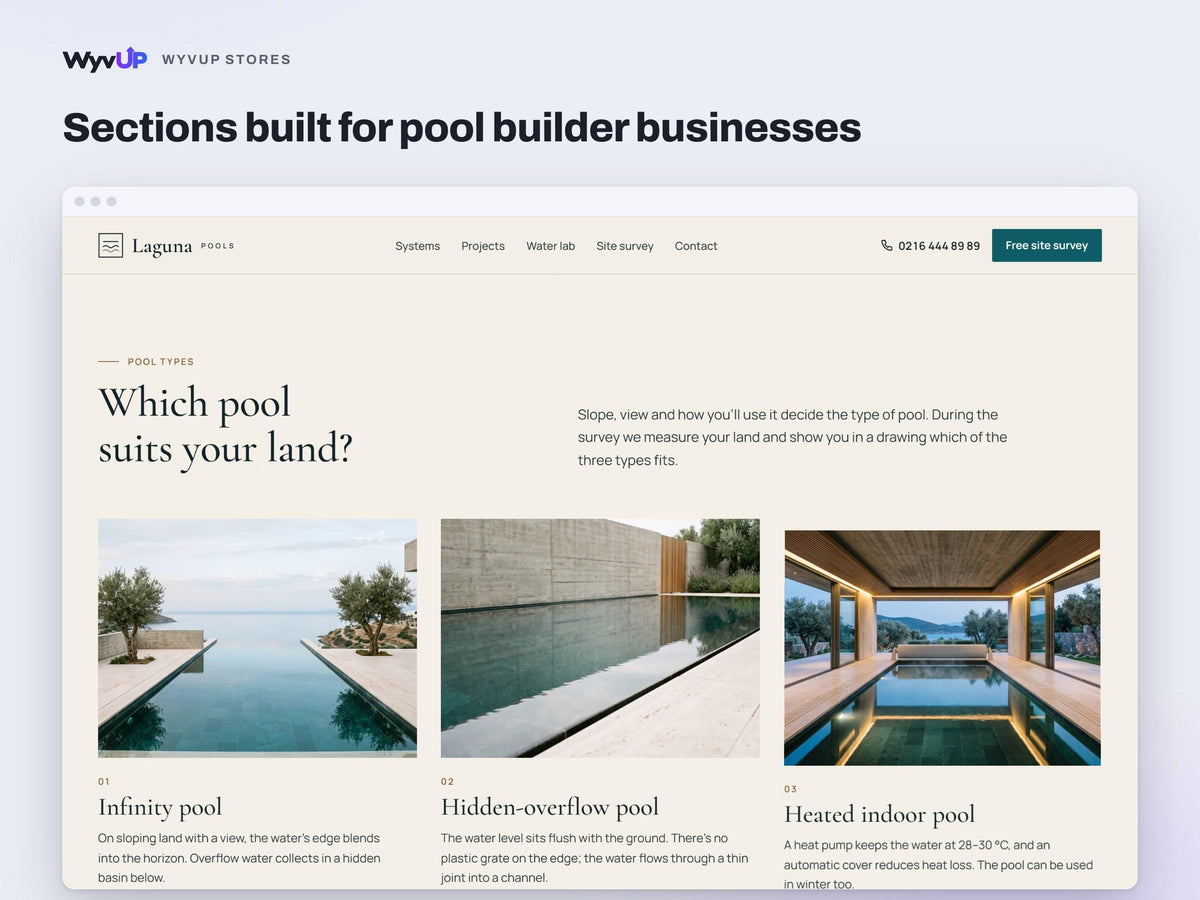 Pool Builder Website Template | Contractor & Landscaping Business Site | AI Editable HTML Template | Project Gallery